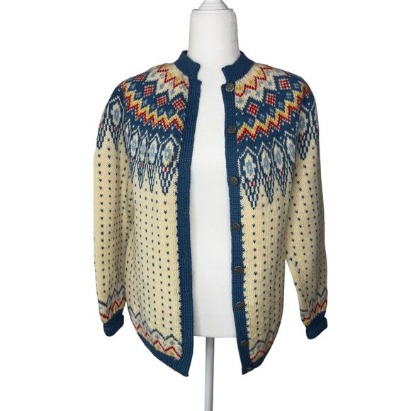 Vintage Norwegian Wool Cardigan Nordic Ski Sweater with Silver Buttons Medium - Picture 2 of 9